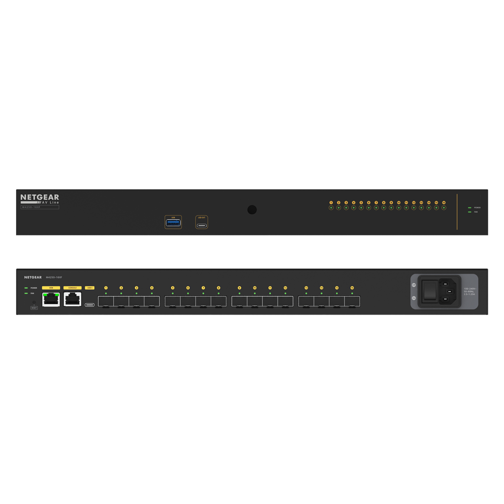 The NETGEAR M4250-16XF (XSM4216F) AV Line 16-Port Managed Rackmount 10-Gigabit SFP+ Switch was developed and engineered for audio/video professionals with dedicated service support. AV codecs generally use 1Gbps or 10Gbps per stream and the AV Line of the M4250-16XF targets the widespread 1Gbps codecs.